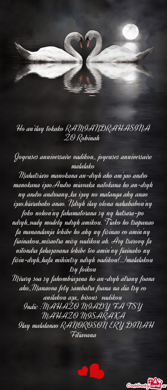 Danja lehibe ho ahy ny fisinao eo amin’ny fiainakou,,misaotra misy vadikou ah. Ary tsarovy fa nito