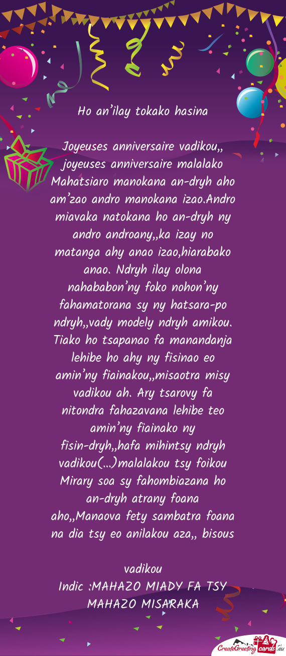 Ho an’ilay tokako hasina