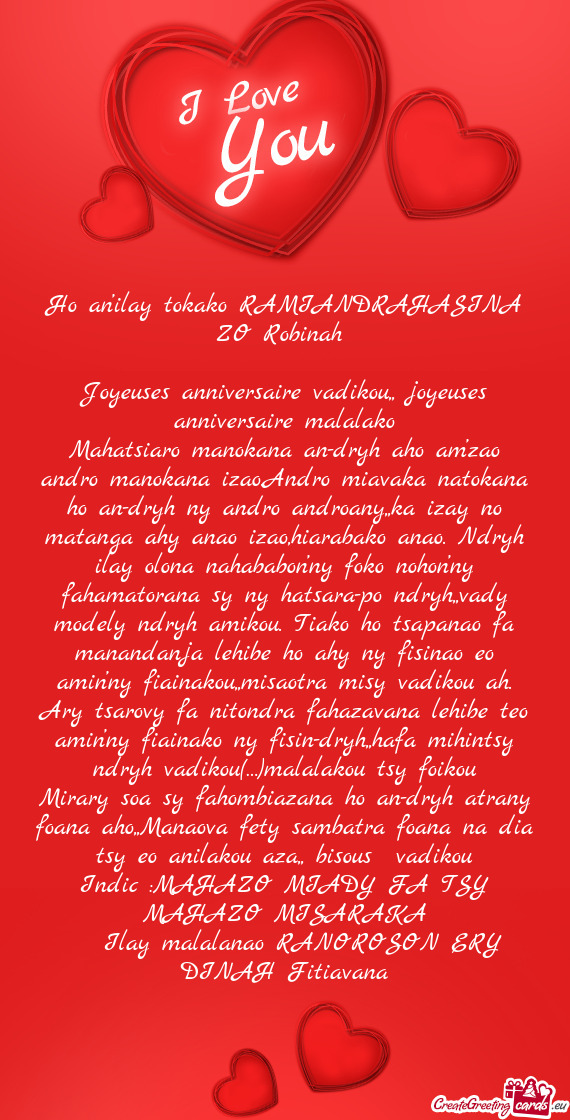 Ho an’ilay tokako RAMIANDRAHASINA ZO Robinah